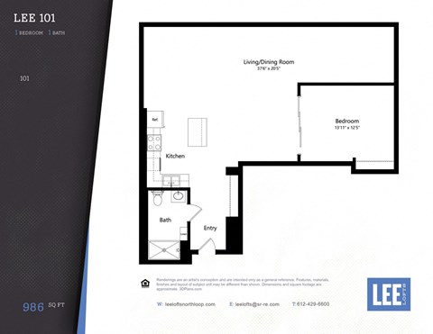 A floor plan for a Lee 101 apartment showing a bedroom, living/dining room, kitchen, and bath.